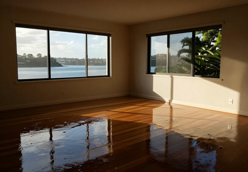Flooded living room in a Botany home with water damage to carpets and walls